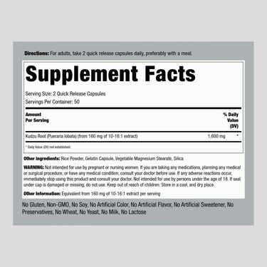Kudzu Root 1600 mg Capsules Supplement Facts panel for a bottle of 100 capsules.