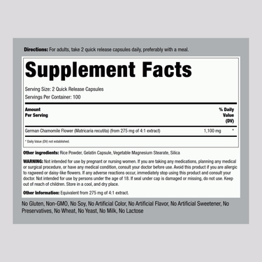 Image of Chamomile 1100 mg supplement facts for 200 capsules panel.