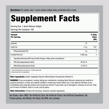 Supplement Facts panel for Triple Strength Fish Oil 1400 mg Softgels, 100 count, detailing nutritional information.