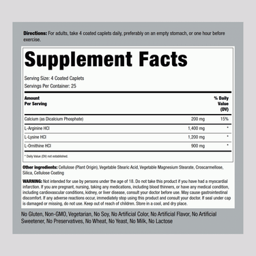 Tri Amino L-Arginine L-Ornithine L-Lysine, 100 Coated Caplets