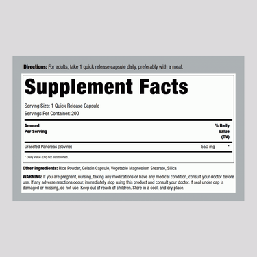 Grass Fed Beef Pancreas, 550 mg, 200 Quick Release Capsules