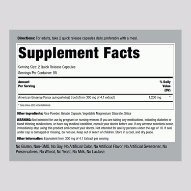 The Supplement Facts panel for American Ginseng Extract, 1200 mg, shows 110 capsules.