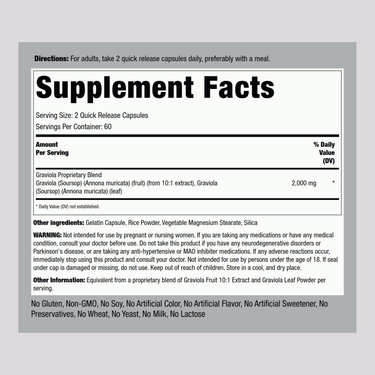 Image of Graviola (Soursop) 2000 mg Capsules 120 Supplement Facts panel.
