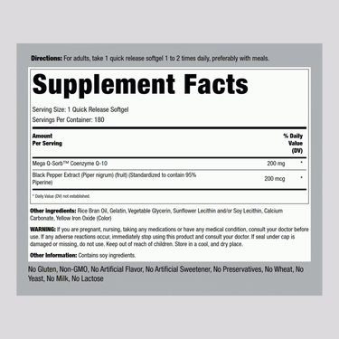 Image of the Supplement Facts panel for CoQ10 200 mg Softgels, containing 180 servings.