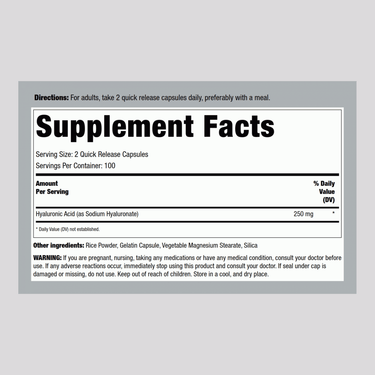 Supplement Facts panel showing details for Hyaluronic Acid 250mg, 200 capsules.