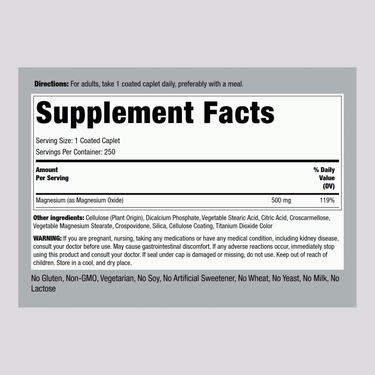 Magnesium Oxide, 500 mg, 250 Coated Caplets