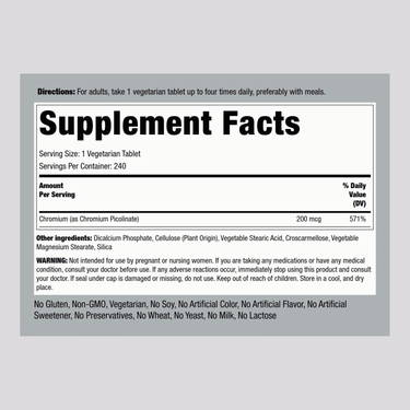 Image of Supplement Facts for Chromium Picolinate 200 mcg Tablets, 240 count.