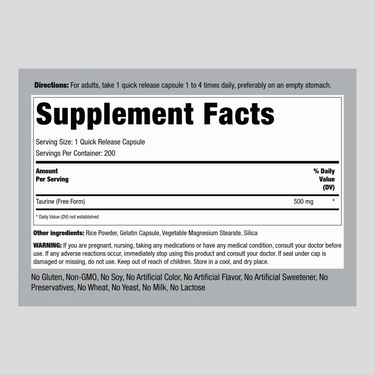 Taurine, 500 mg, 200 Quick Release Capsules