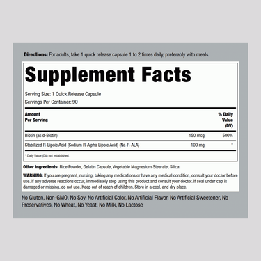 Supplement Facts panel for R-Lipoic Acid plus Biotin Optimizer, 100 mg, 90 capsules.