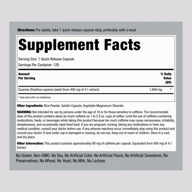 Mega Strength Guarana, 1600 mg, 120 Quick Release Capsules