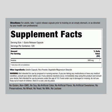 The Supplement Facts for Inosine 500 mg, containing 120 capsules, are displayed.