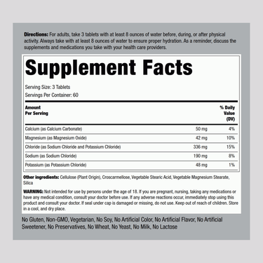 Supplement Facts for PIP Hydration Electrolyte Tablets, 180 count, detailing ingredients and nutritional information.