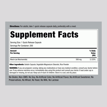 Niacinamide B-3, 500 mg, 200 Quick Release Capsules