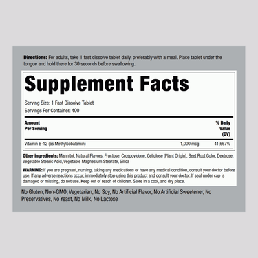 Methylcobalamin B-12 (Sublingual), 1000 mcg, 400 Fast Dissolve Tablets