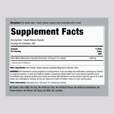 Bitter Melon / Momordica, 1200 mg, 200 Quick Release Capsules