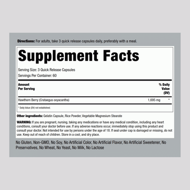 Supplement Facts panel for 1695mg Hawthorn Berries Capsules, 180 count.