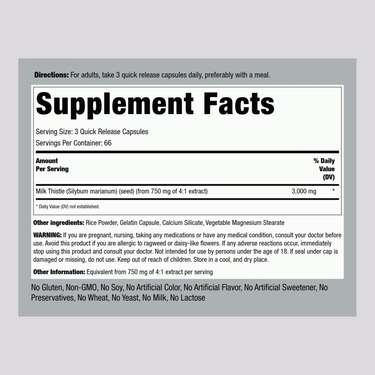 Supplement Facts for Milk Thistle Seed 3000 mg Capsules with 200 count.