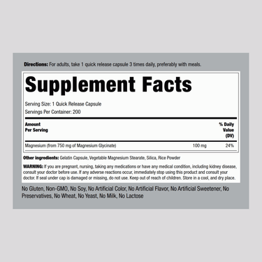 Magnesium Glycinate, 750 mg, 200 Quick Release Capsules