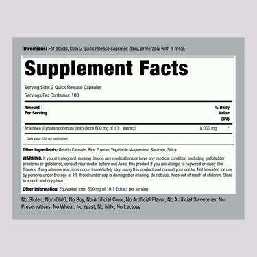 Artichoke 8000 mg 200 Capsules supplement facts panel shown.
