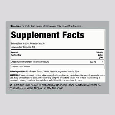 Chaga Mushroom, 600 mg, 180 Quick Release Capsules