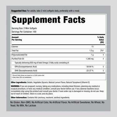 Mini Omega-3 Fish Oil Lemon Flavor, 1340 mg (per serving), 200 Mini Softgels