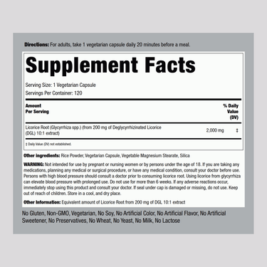 DGL Licorice Root Mega Potency (Deglycyrrhizinated), 2000 mg, 120 Capsules