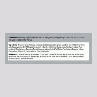 The Supplement Facts panel for a 4 oz jar of Royal Jelly & Manuka Honey Cream.