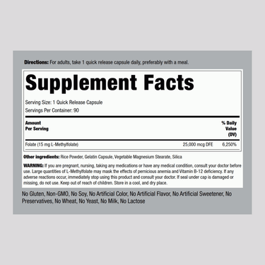 L-Methylfolate, 15 mg, 90 Quick Release Capsules