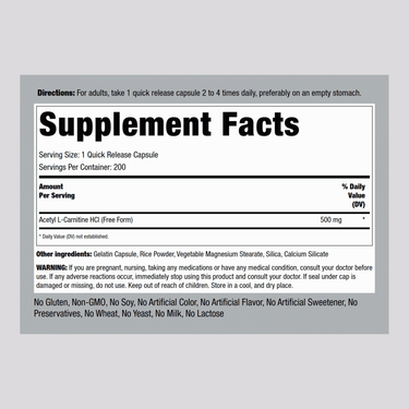 Supplement Facts for Acetyl L-Carnitine 500 mg, 200 capsules, detailing ingredients and nutritional information.