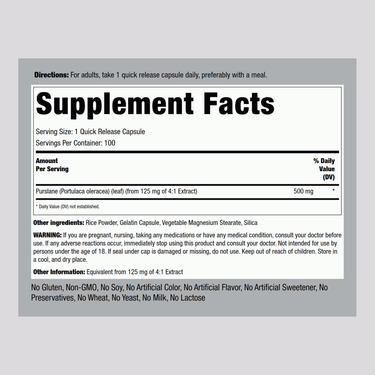 Supplement Facts label showing Purslane 500 mg and 100 capsules information.