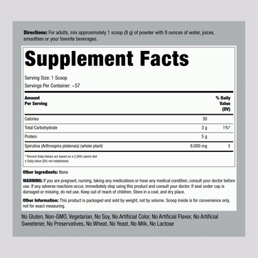 Label displaying supplement facts for Spirulina Organic Powder 16 oz.