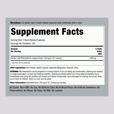 Parsley Leaf, 1200 mg (per serving), 250 Quick Release Capsules