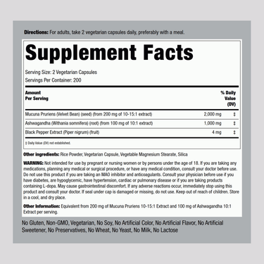 Mucuna Ashwagandha Complex, 3000 mg (per serving), 200 Vegetarian Capsules
