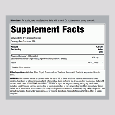 Betaine HCl 650 mg with Pepsin & Ginger, 120 Tablets