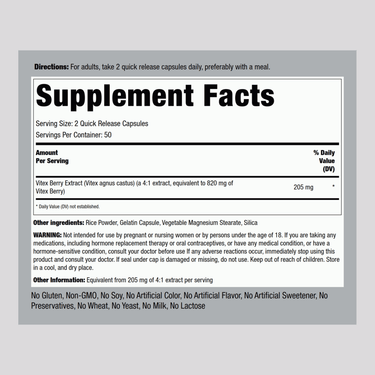 Vitex (Chasteberry Fruit), 820 mg (per serving), 100 Quick Release Capsules