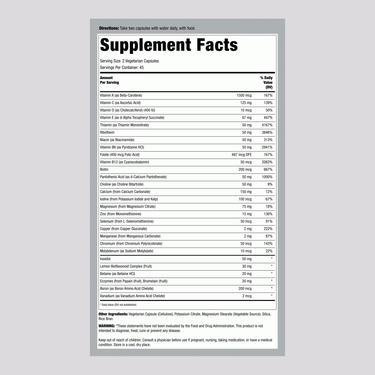 Supplement Facts label for Iron Free Multi Caps, 90 capsules, detailing ingredients and nutrition data.