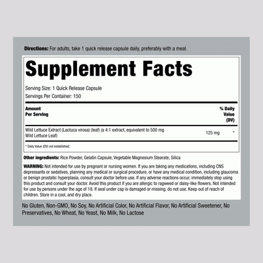 Supplement Facts label for Wild Lettuce, 500 mg, 150 capsules.