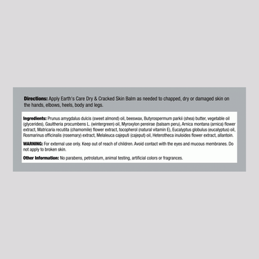 Supplement Facts for Earth's Care Dry & Cracked Skin Balm 2.5oz, displaying ingredients and nutritional information.