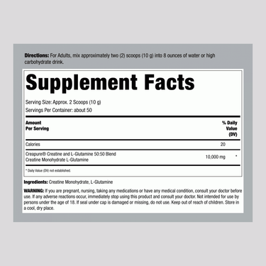 German Creatine Monohydrate (Creapure) & L-Glutamine Powder (50:50 Blend), 10 grams (per serving), 1.1 lb (500 g) Bottle