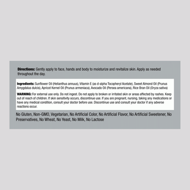 Supplement Facts for Vitamin E Oil Blend, providing 5000 IU per 4 oz.