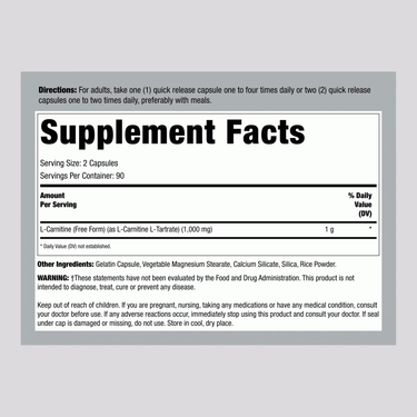 L-Carnitine, 500 mg, 180 Capsules