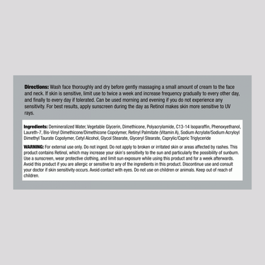 Retinol Gel Cream 4 oz Supplement Facts panel image.
