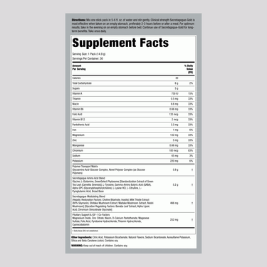 Supplement Facts panel for Secretagogue Gold 30 Packets showing nutritional information.