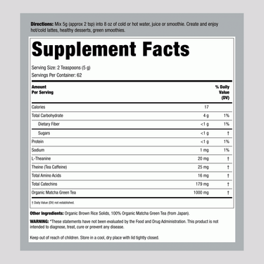 Supplement Facts for Green Matcha Green Tea Energy Blend.