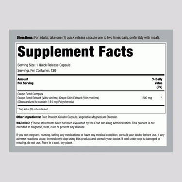 Label showing Supplement Facts for LN Grapeseed Extract 100 mg, 120 capsules.
