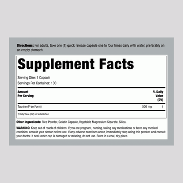Taurine, 500 mg, 100 Quick Release Capsules