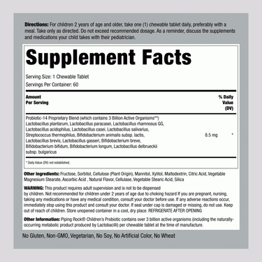 Supplement Facts for a children's probiotic.