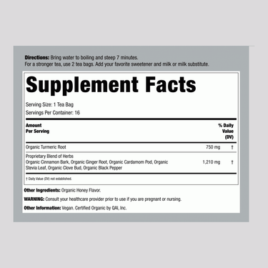 Supplement Facts panel for Yogi Org Honey Chai Turmeric Tea with 16 bags.
