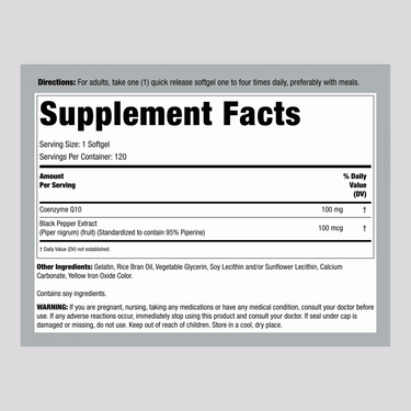 The Supplement Facts panel for CoQ10 100 mg, containing 120 softgels, is shown.