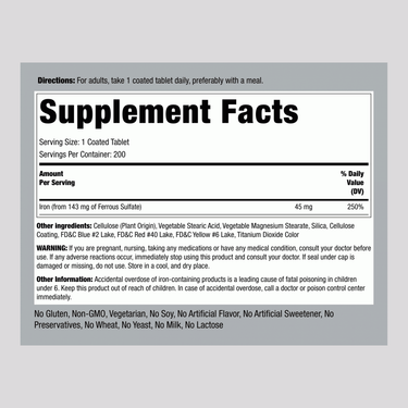 Slow Release Iron, 45 mg, 200 Coated Tablets